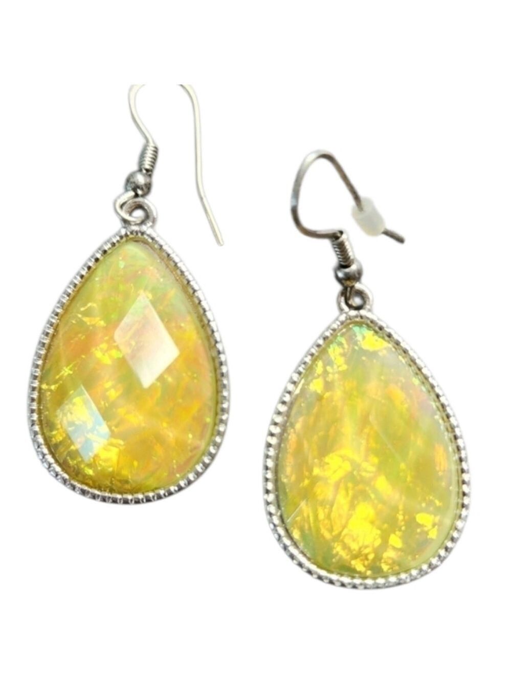 Yellow Iridescent and Silvertone Teardrop Gemstone Earrings
